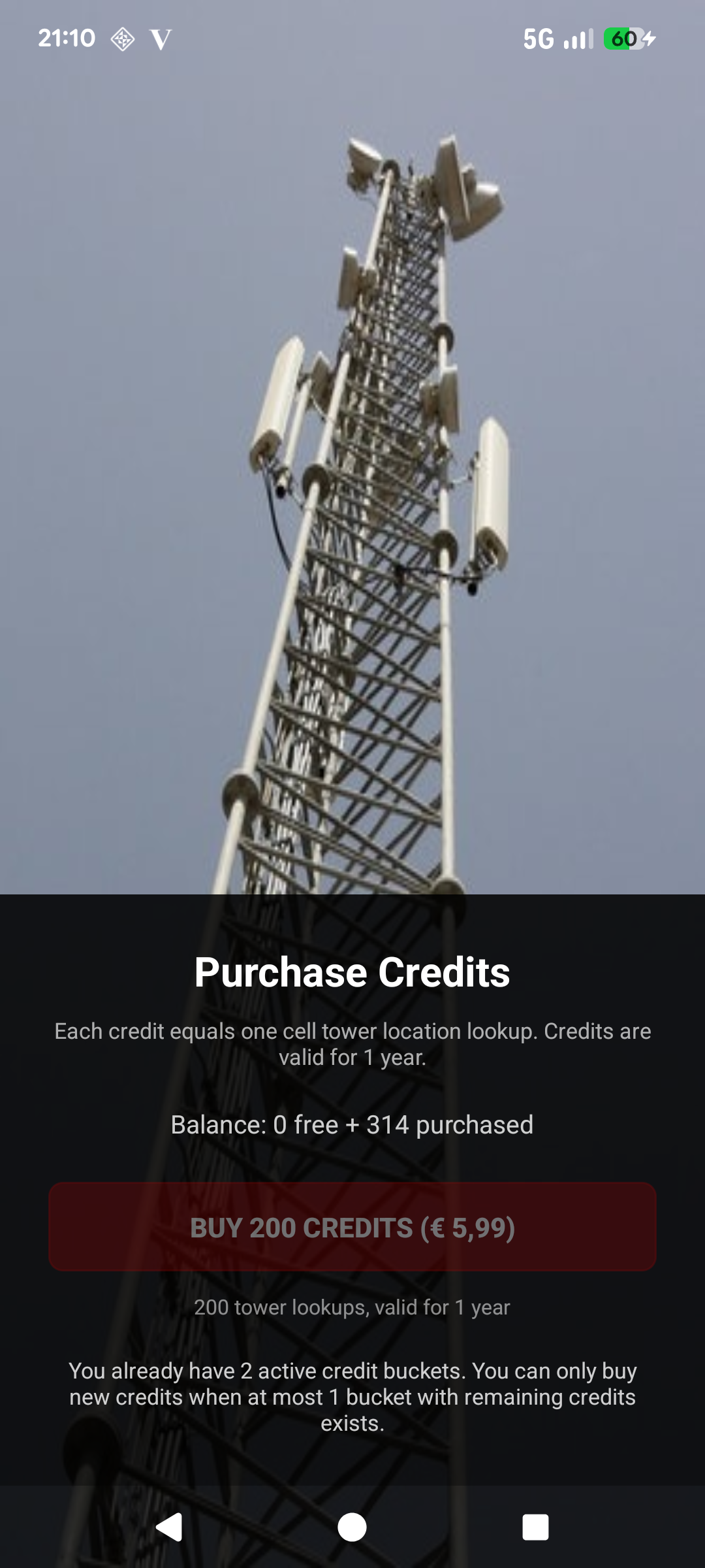 Buy credits screen