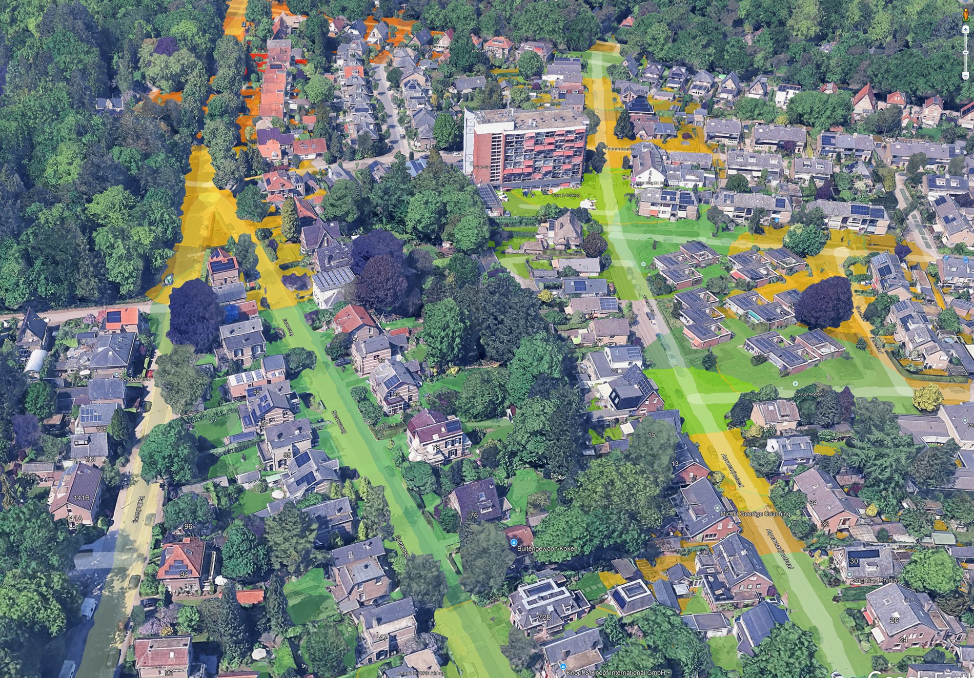 A CNA coverage map exported to Google Earth, signal strength draped over streets and houses