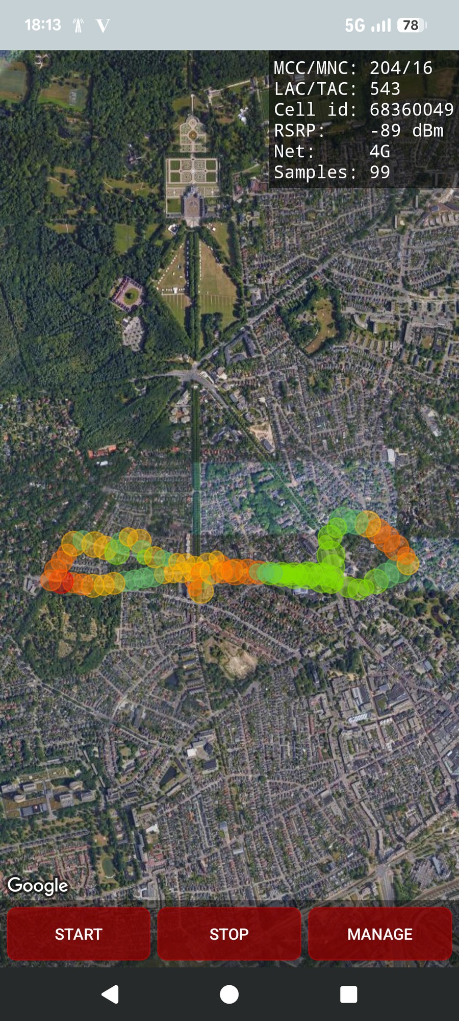 Live coverage map being built, with START, STOP and MANAGE buttons