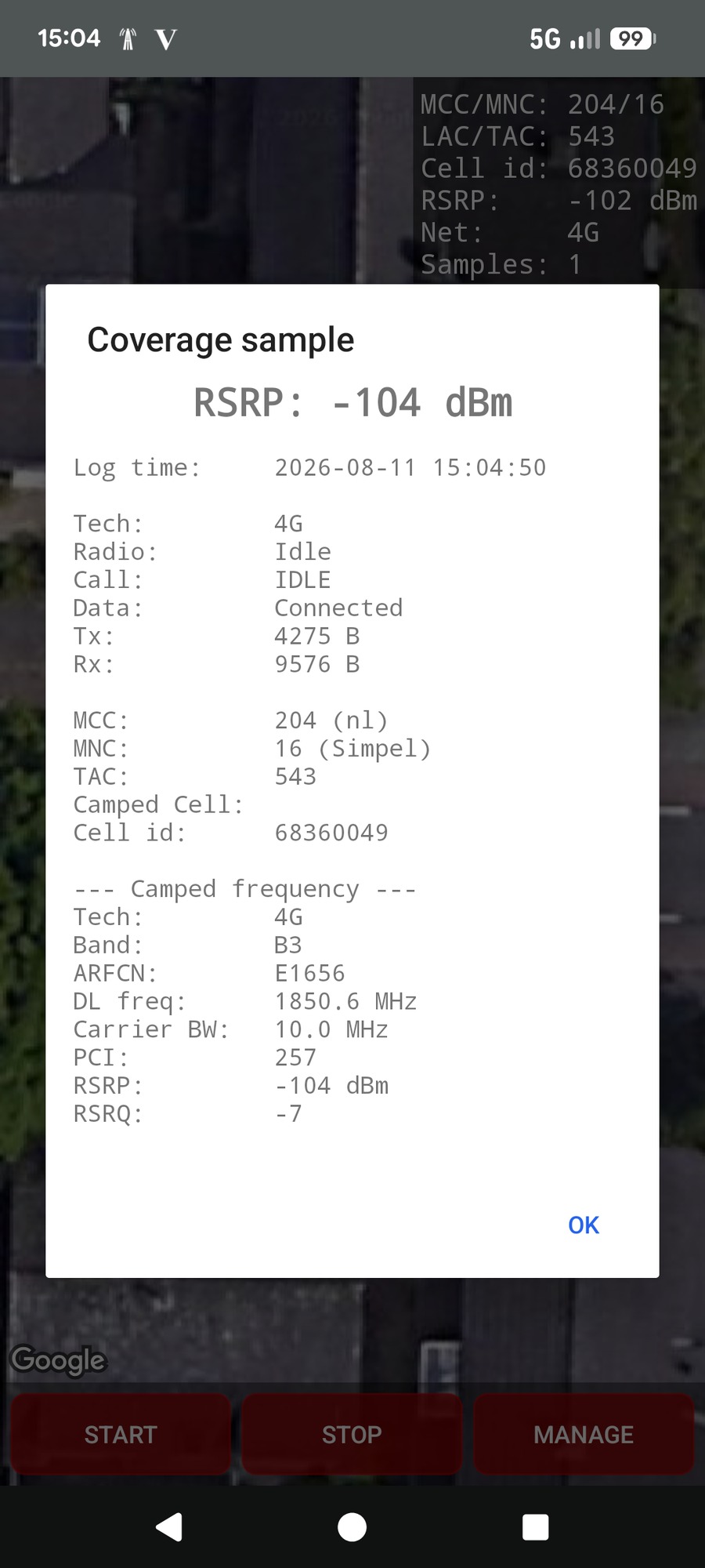Coverage sample popup with RSRP shown large and the full snapshot