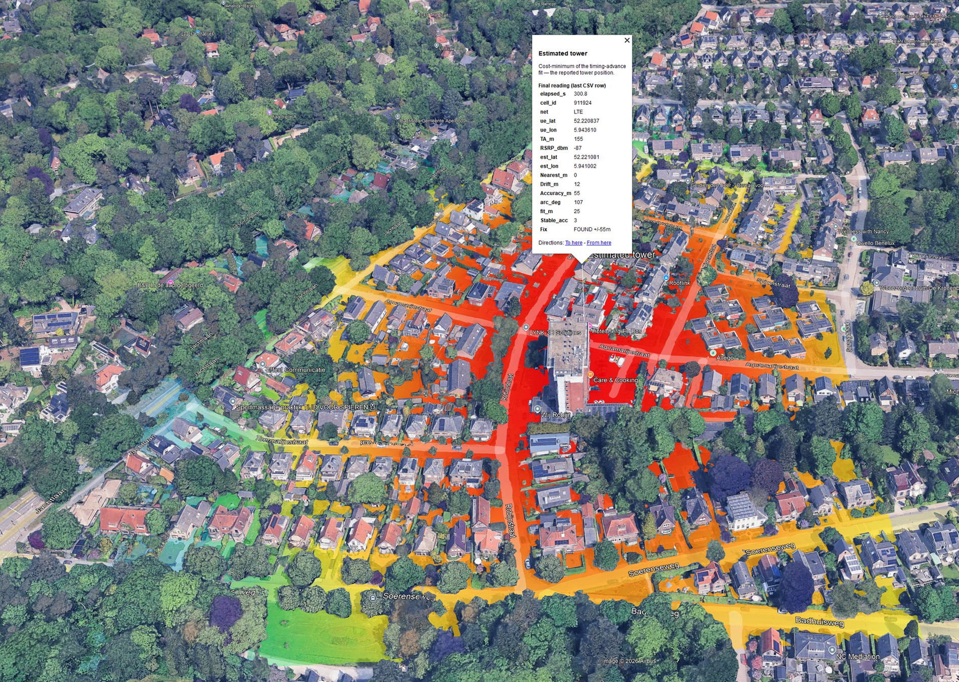 A tower hunt exported to Google Earth as a timing-advance heatmap