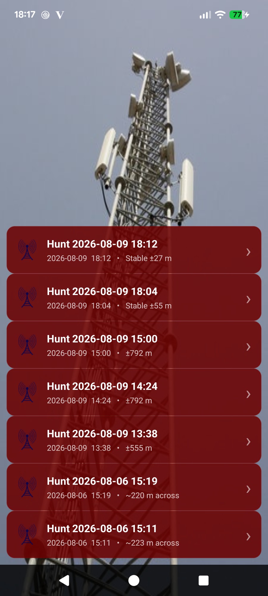 List of stored hunts with their accuracy