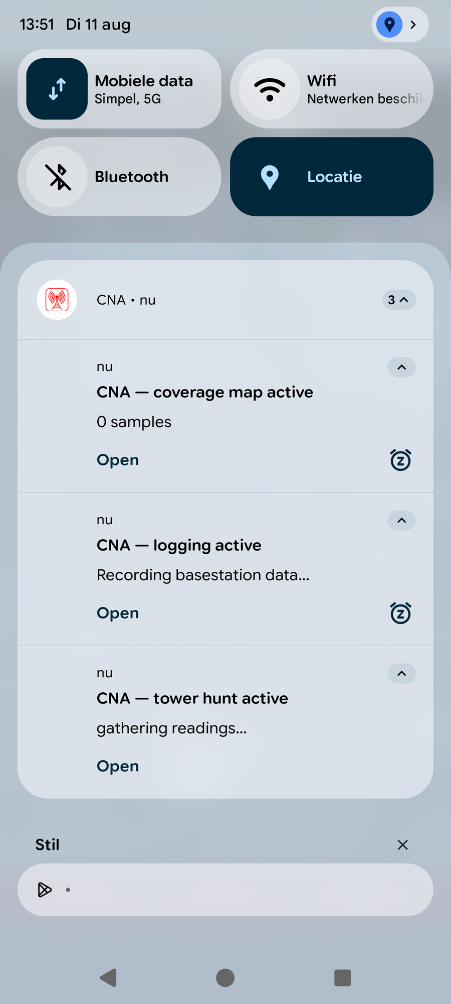 Three CNA notifications active at once: coverage map, logging and tower hunt