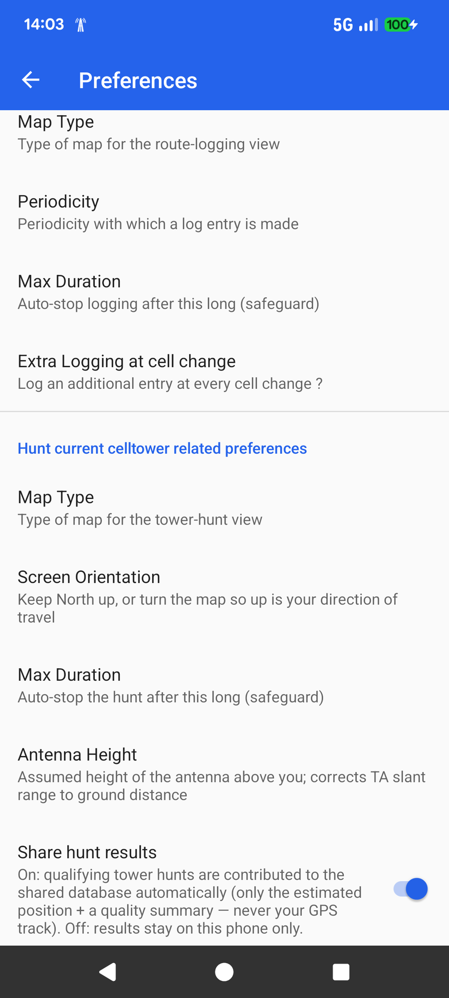 Preferences: Hunt current celltower settings