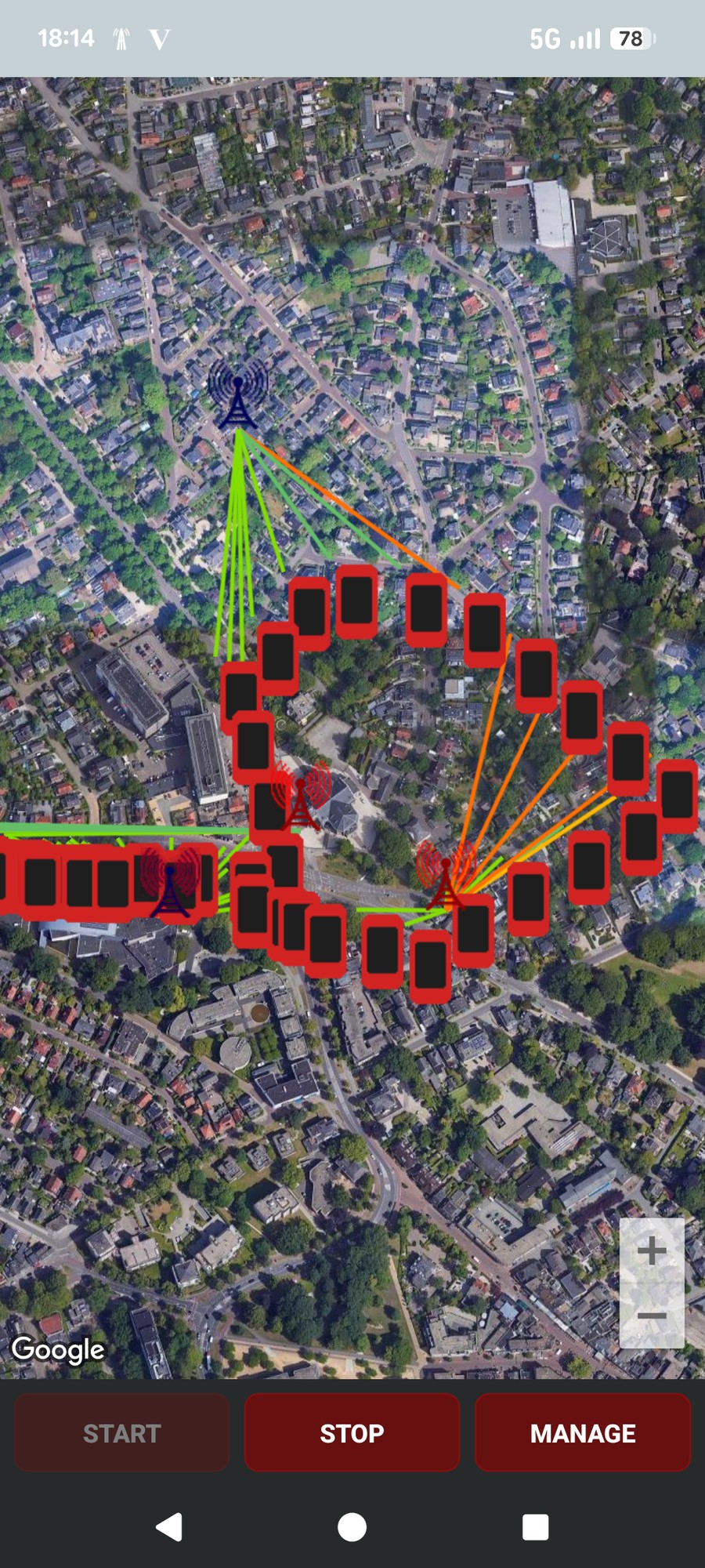 Live route log: phone positions and towers linked by signal-coloured lines