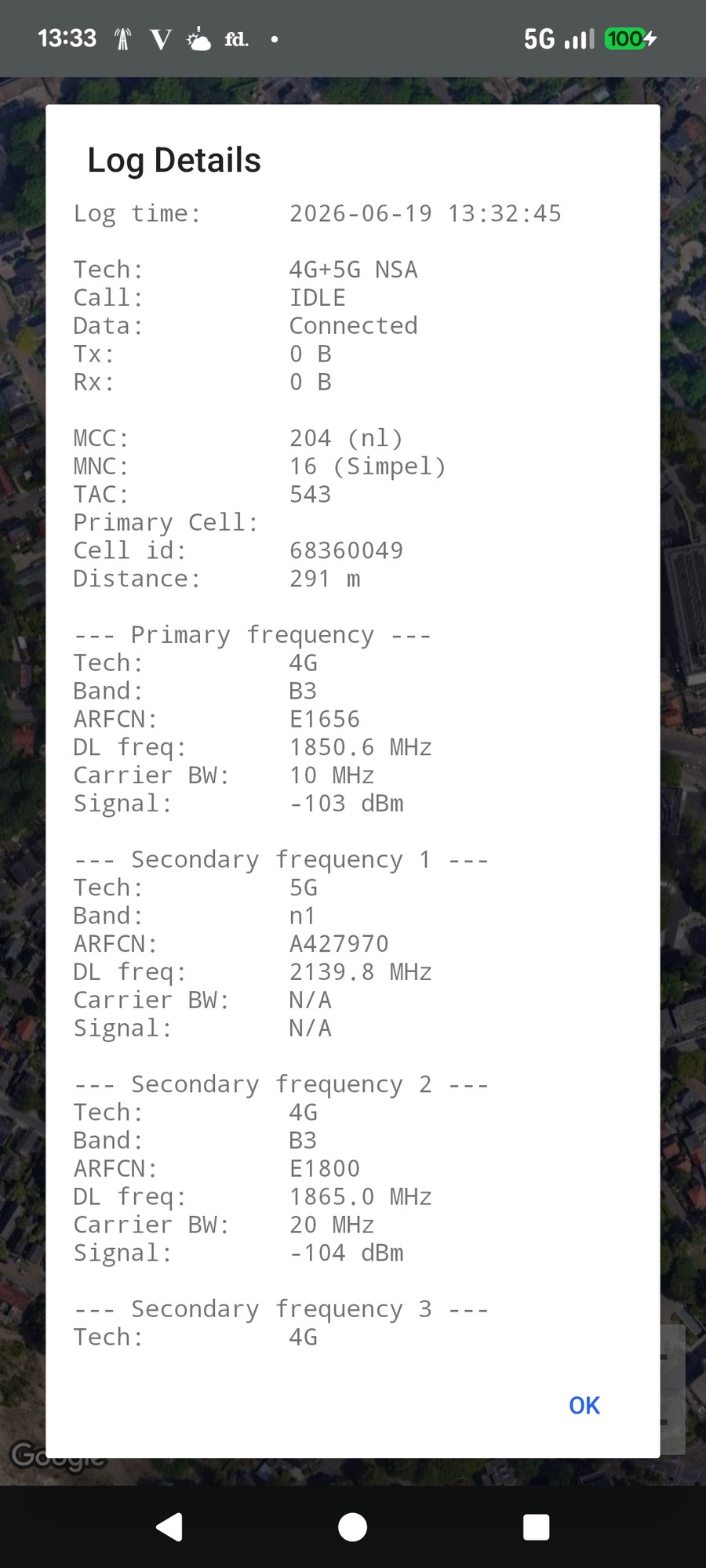 Tapping a phone position shows a full network snapshot