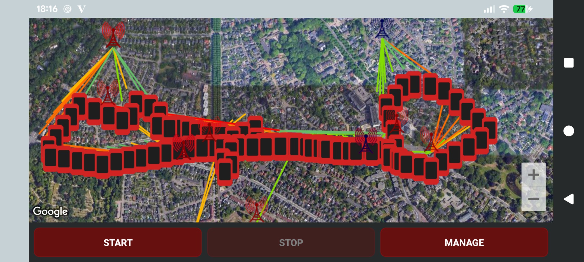 A longer route logged live, held in landscape, showing many positions and several towers
