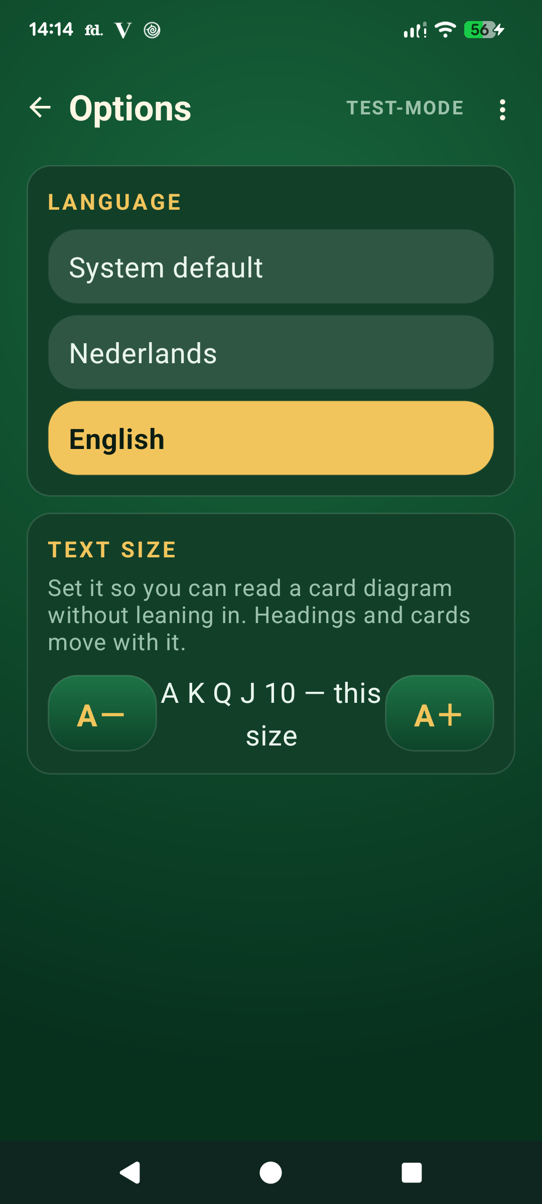 SmartBridge preferences: language and text size